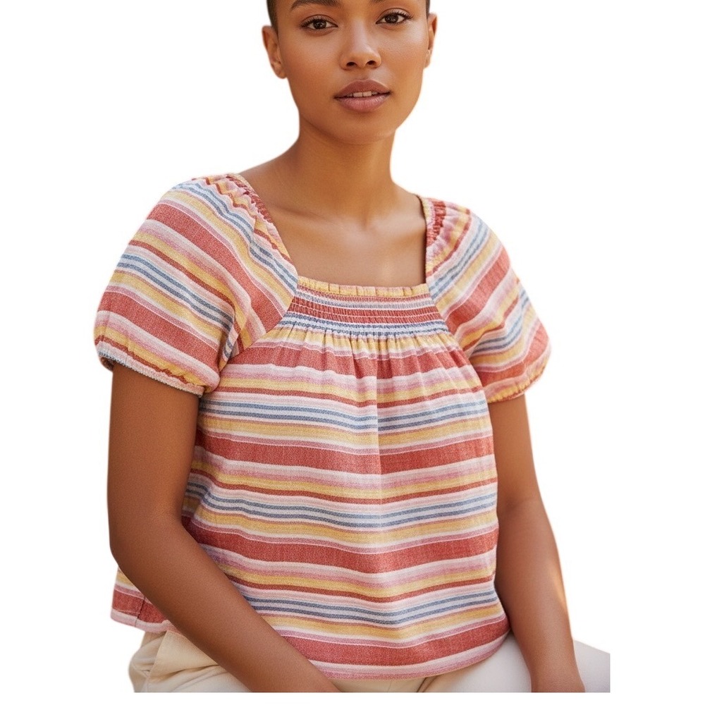 Talbots‎ Womens Linen Smocked Square Neck Striped Puff Sleeve Top Size M